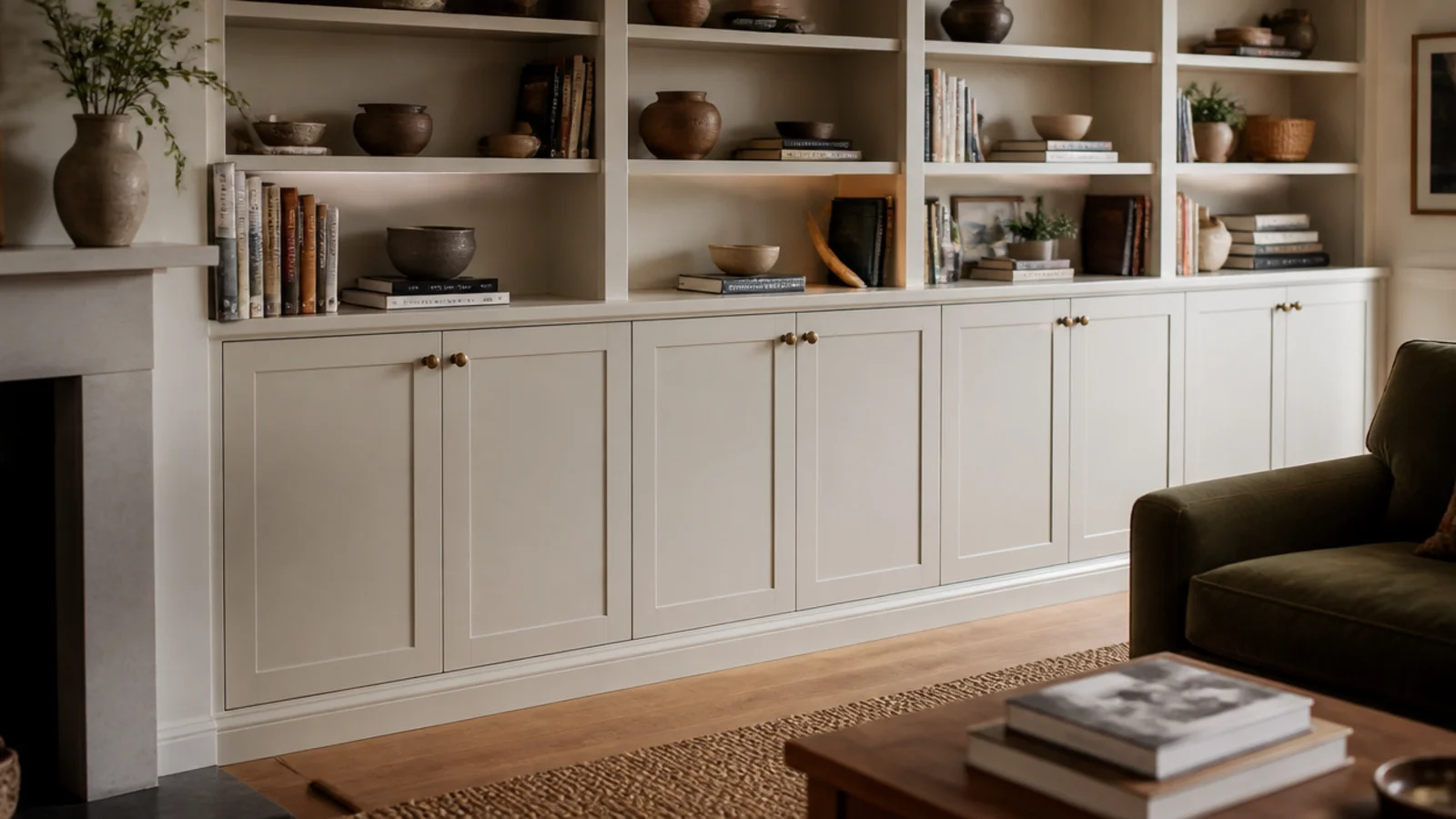 lower bays of open shelving fitted with painted cabinet doors