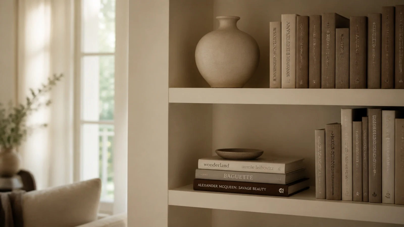 previously orange stained shelving repainted in a soft warm cream