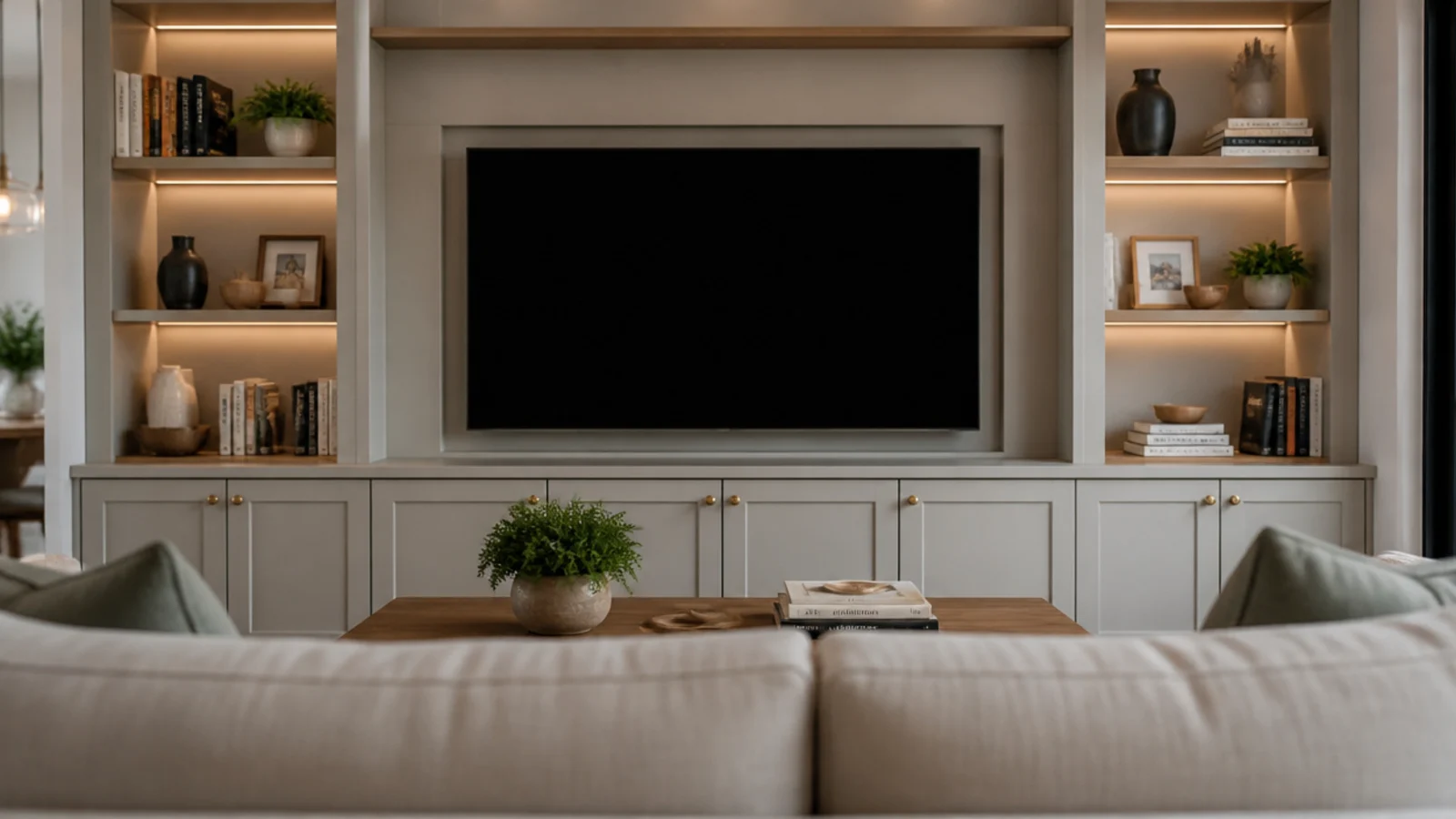 television lowered to eye level within a run of living room built-ins