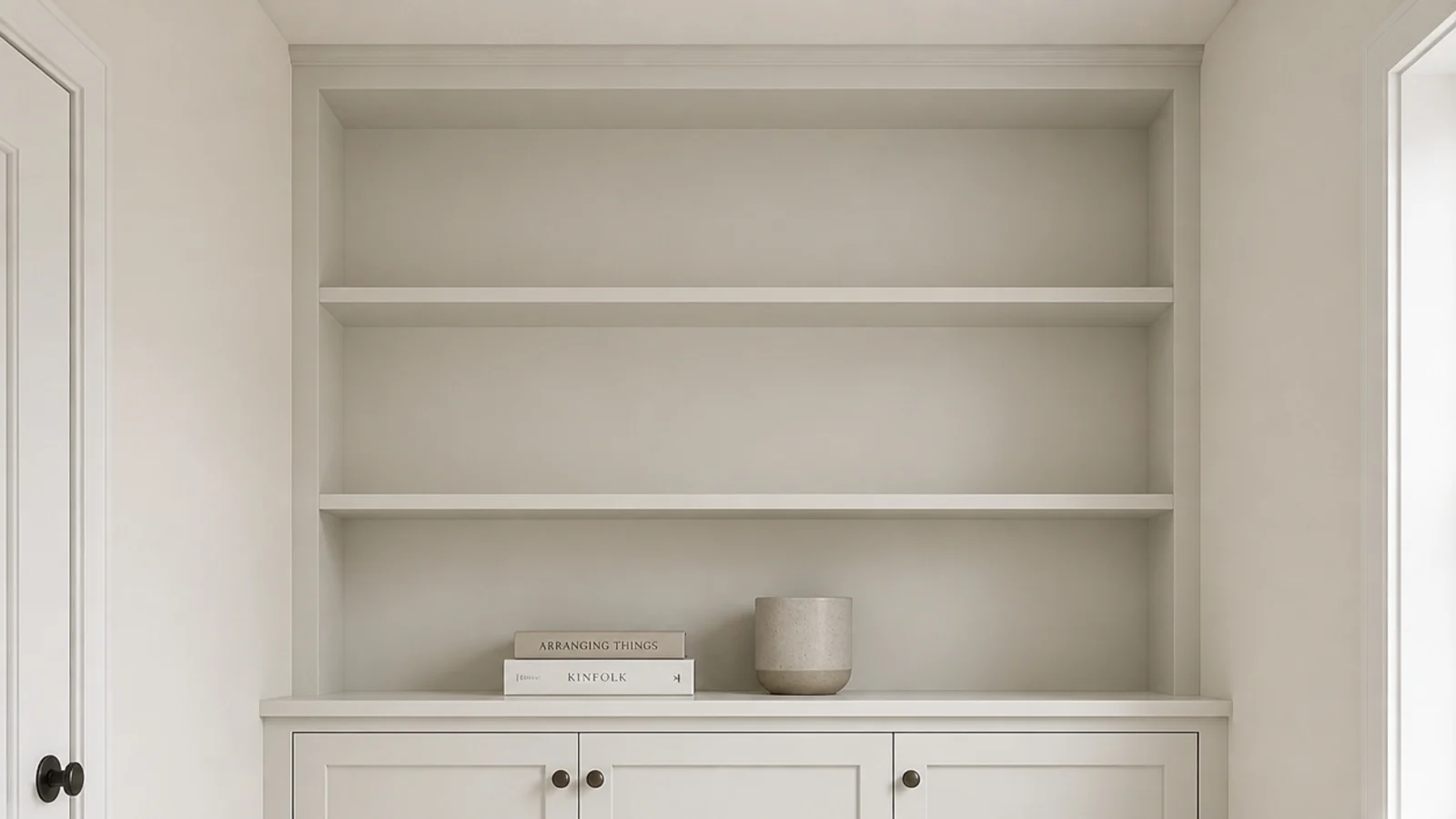panel and cove closing the gap above living room built-in shelving