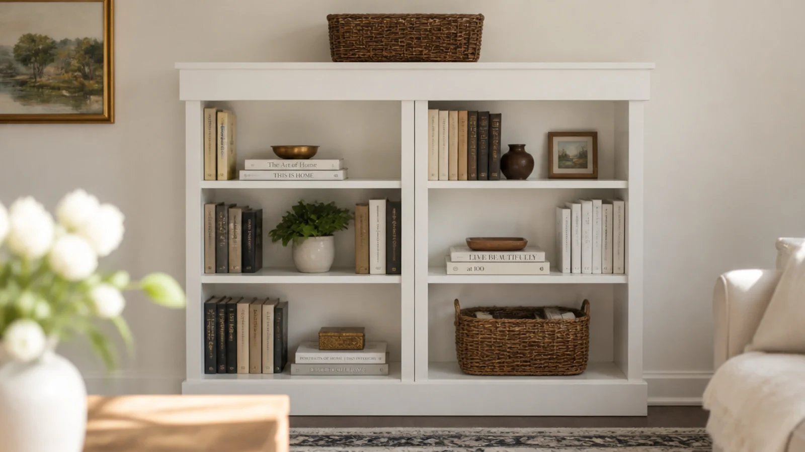 two secondhand bookcases unified into one built-in run by paint