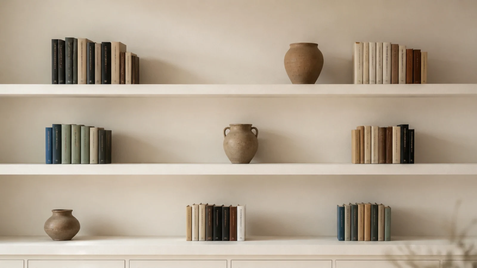 edited built-in book wall with objects breaking up the rows of spines