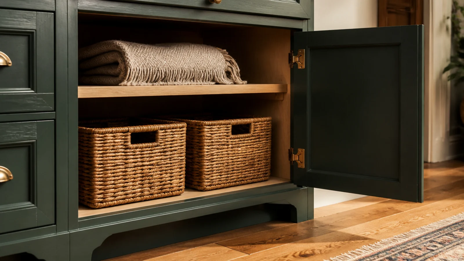 deeper base cabinets holding baskets neatly behind closed doors