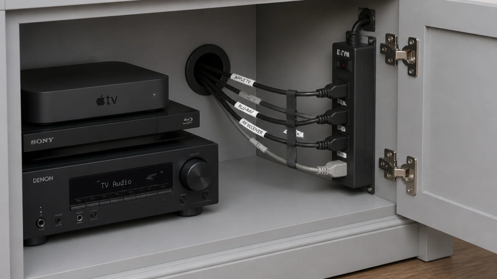 tidy cable routing through a grommet inside living room built-in cabinets