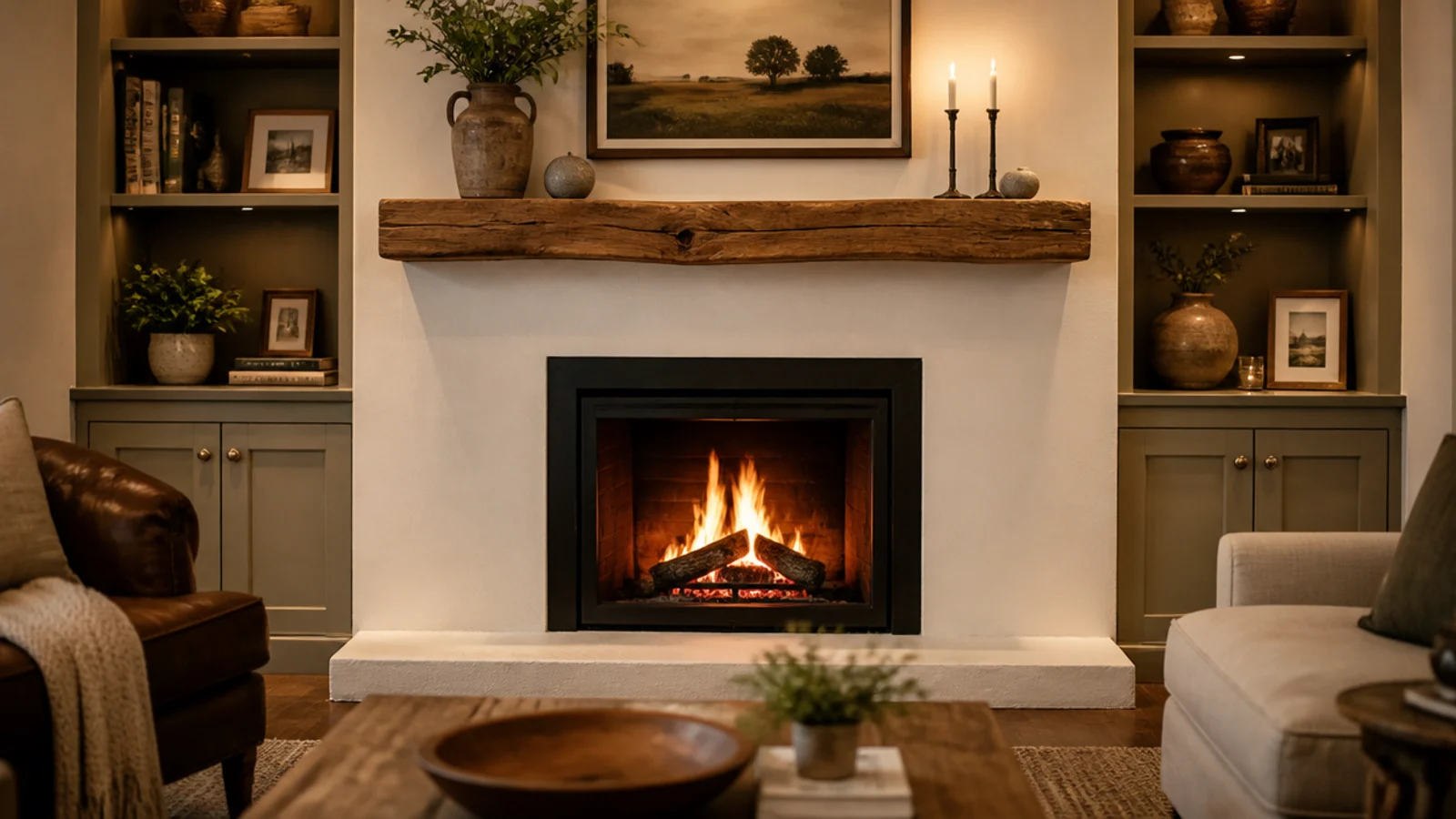 built-in shelving reset back from a firebox with proper clearance