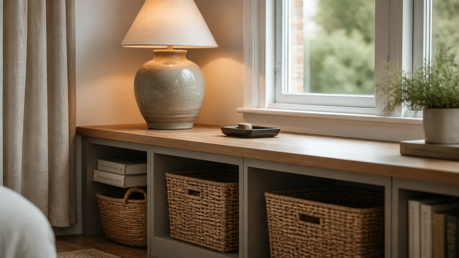 low built-in shelving fitted beneath a living room window with a wood top