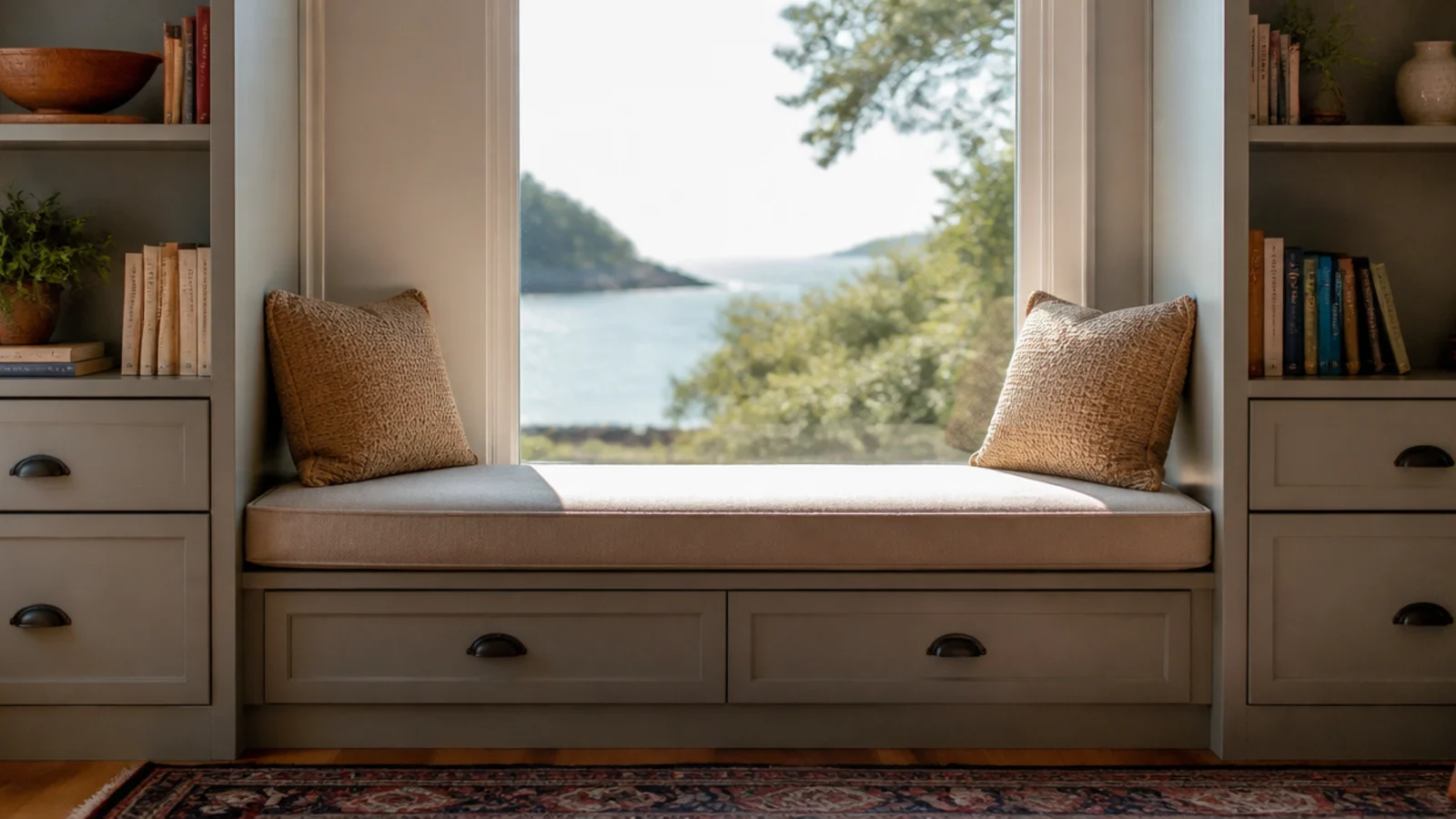 cushioned window seat added between two built-in shelf towers