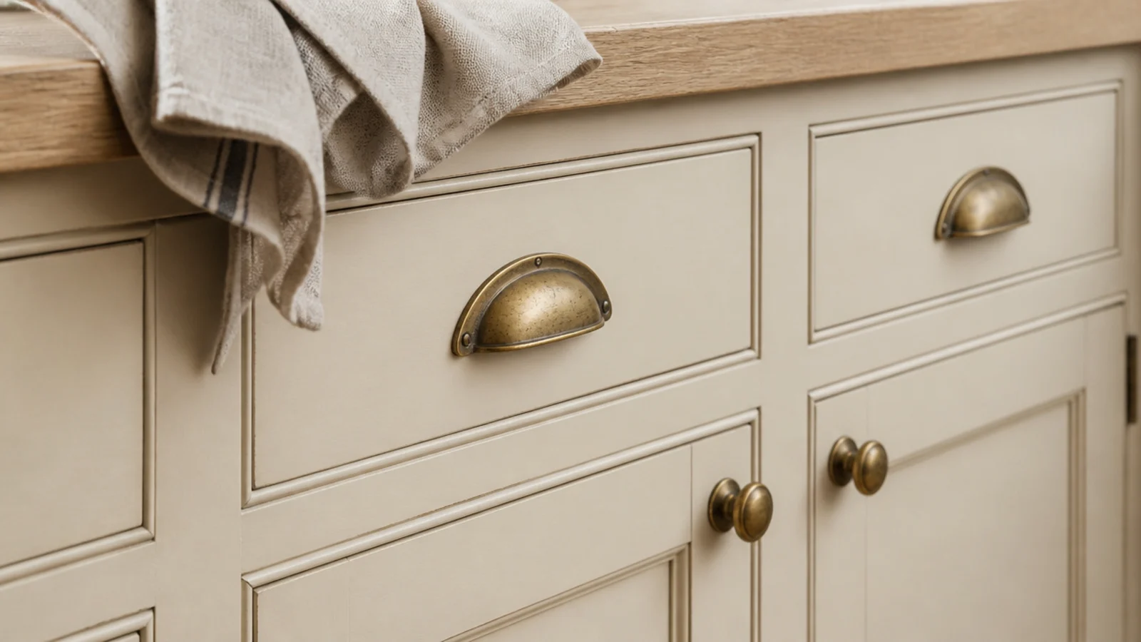 aged brass pulls replacing plastic handles on built-in cabinet doors