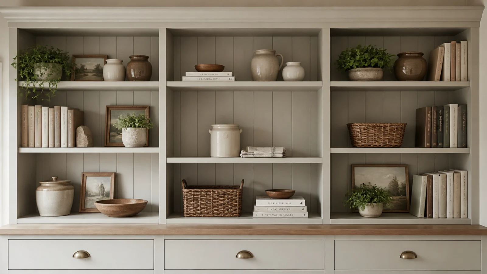 built-in shelving with one deliberately empty shelf calming the whole run