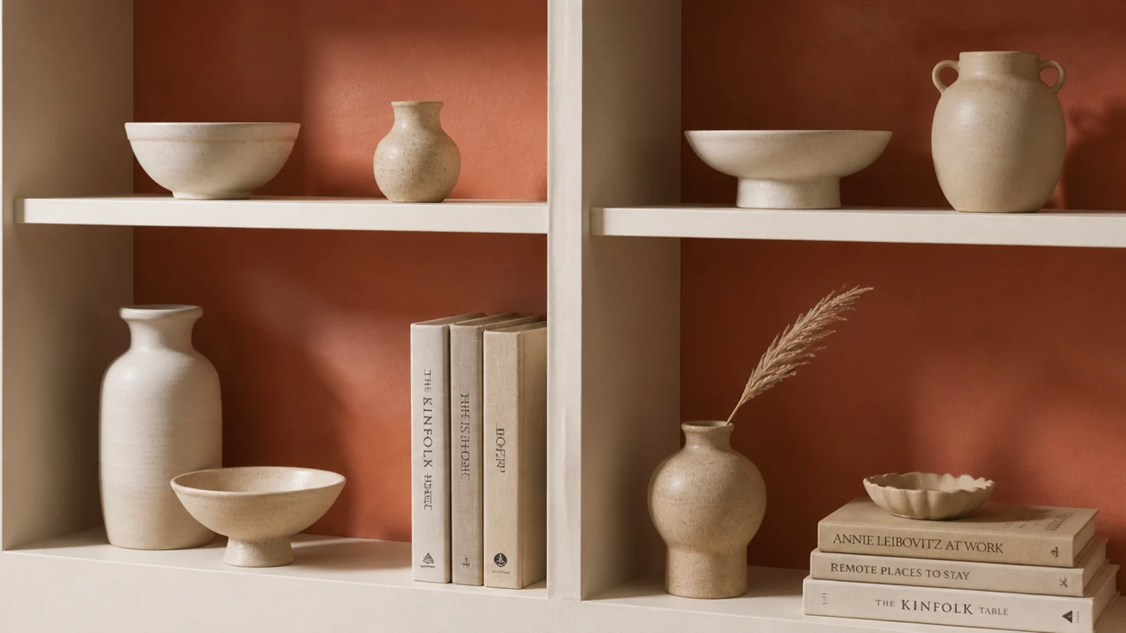 built in shelves with deep clay painted backs behind pale wooden shelves
