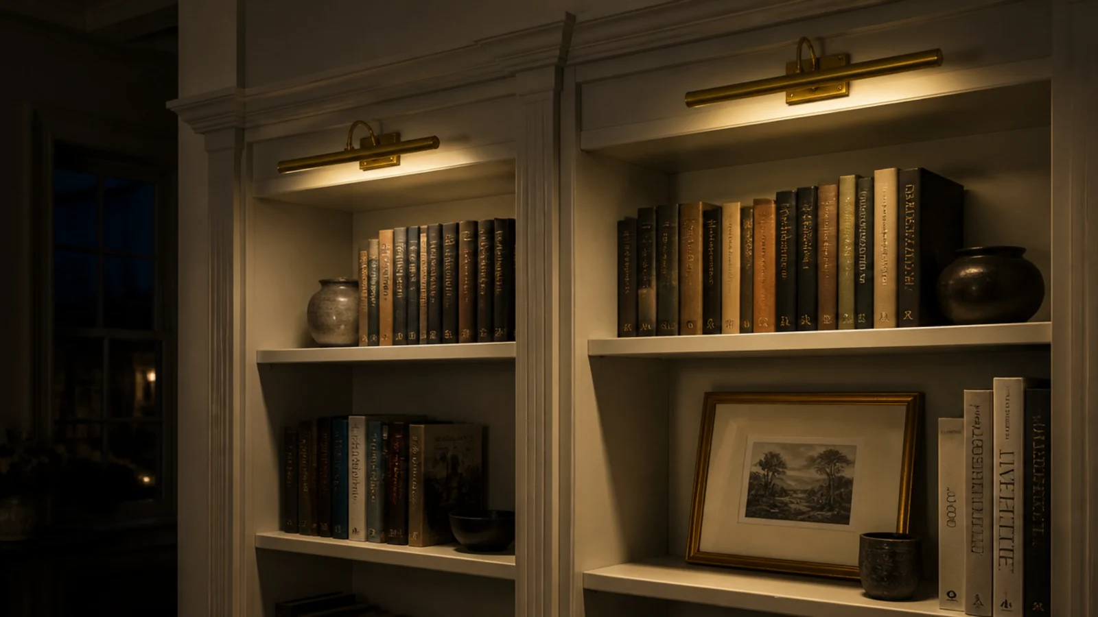 brass picture lights mounted above styled built in living room shelves