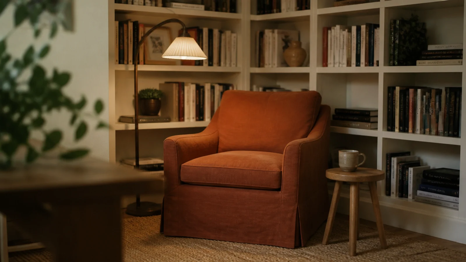 armchair tucked into a corner lined with built in living room shelves