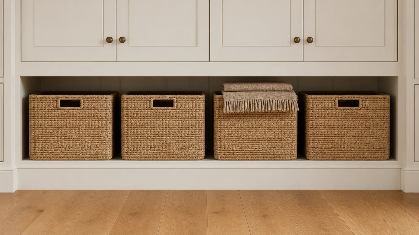 woven baskets lined along the lowest bay of built in living room shelves