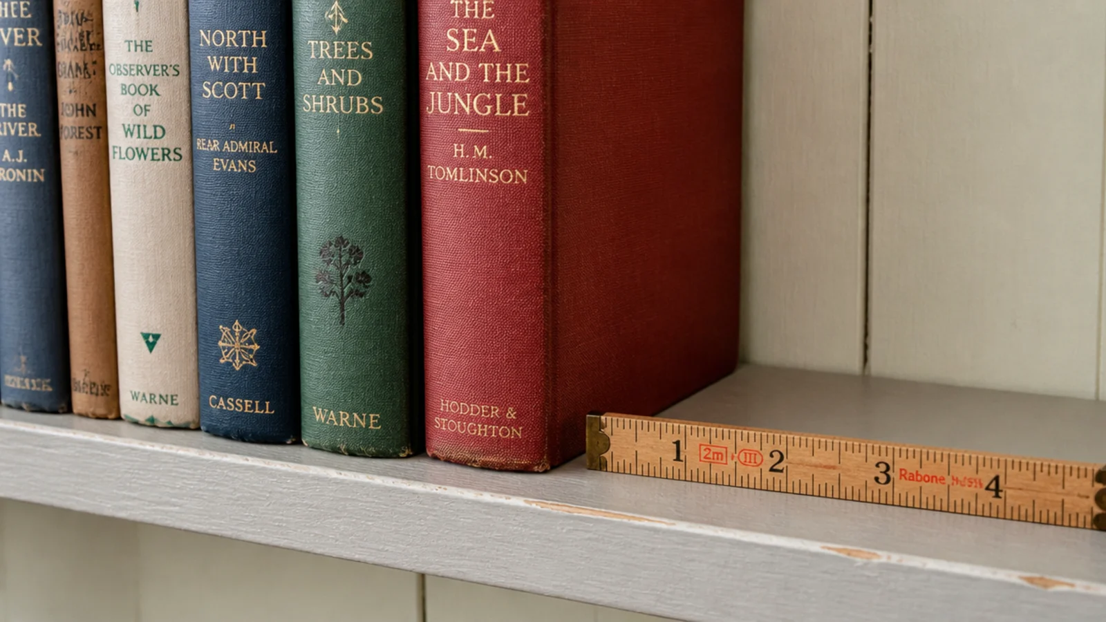 hardback books overhanging the front edge of shallow built-in living room shelves