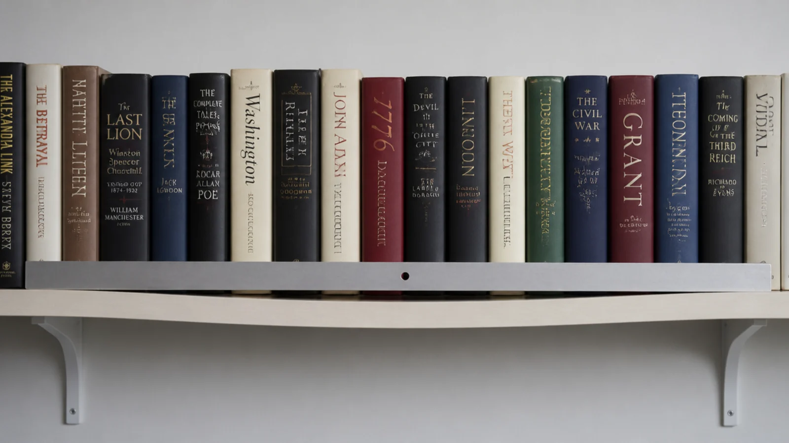bowed plywood shelf sagging visibly under a long row of heavy books