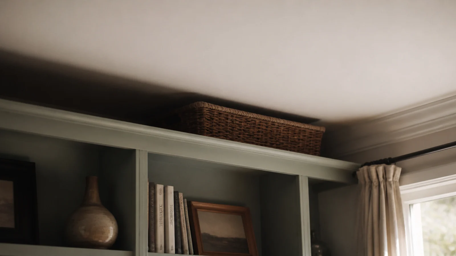 open gap between the top of built-in shelves and the living room ceiling