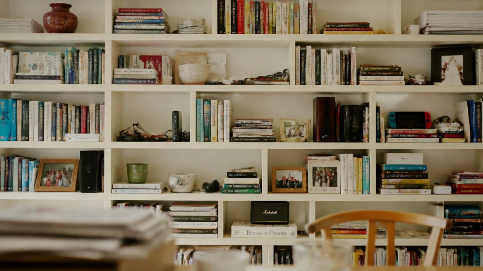 entirely open built-in shelf wall cluttered with cables and paperwork