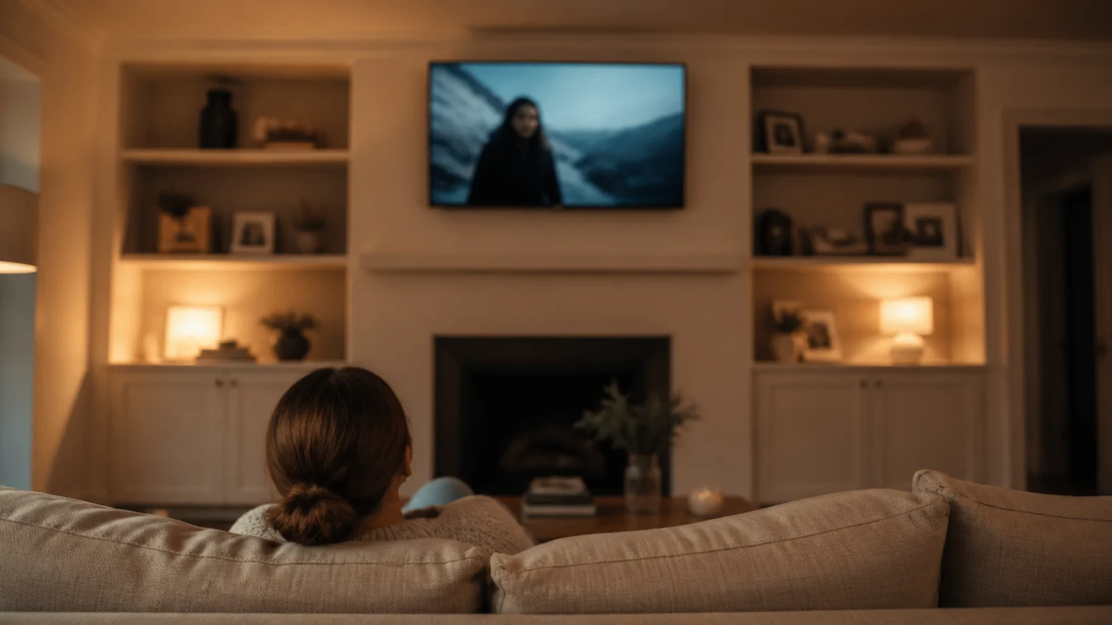 television set too high within a run of living room built-in shelves