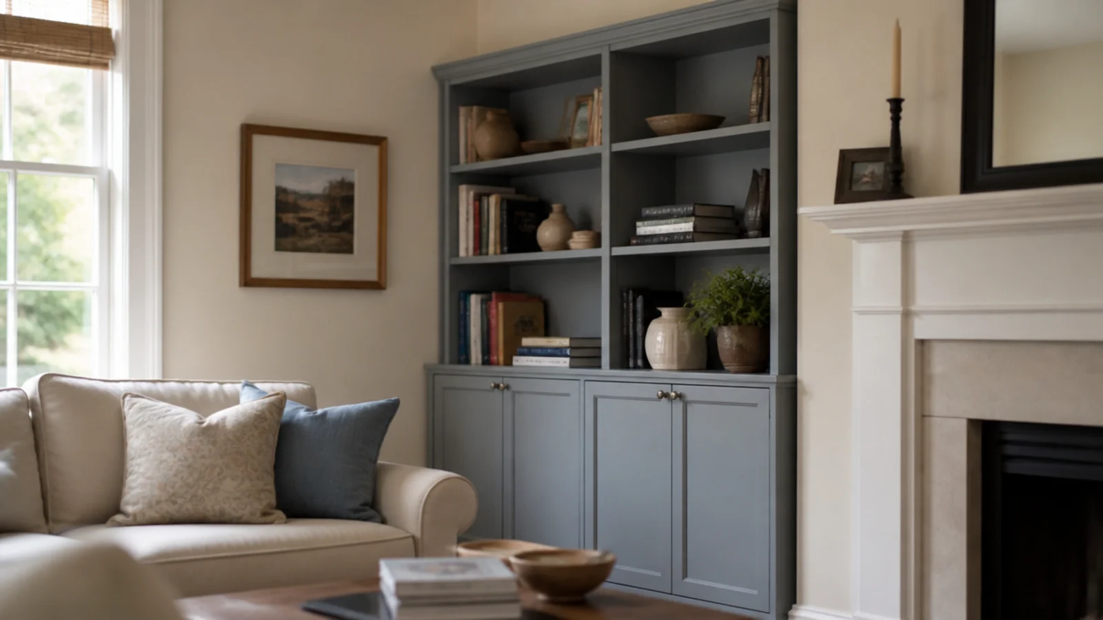 built-in shelves painted a color that clashes with the living room trim