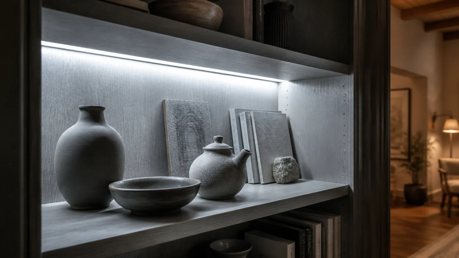 cool white light strip making built-in shelves and wood look grey