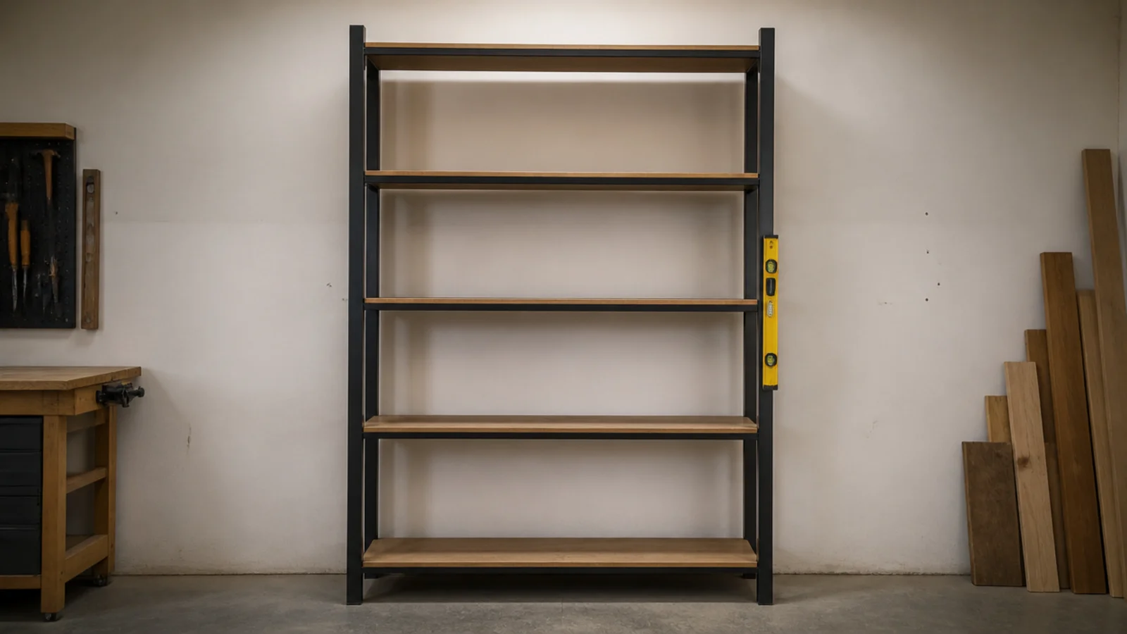 tall built-in shelving unit leaning out of square without a back panel
