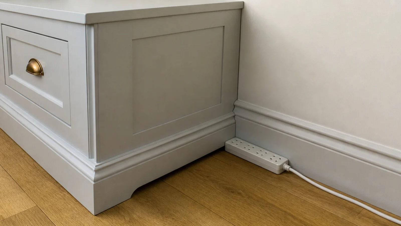 power outlet hidden behind a finished built-in cabinet with no access