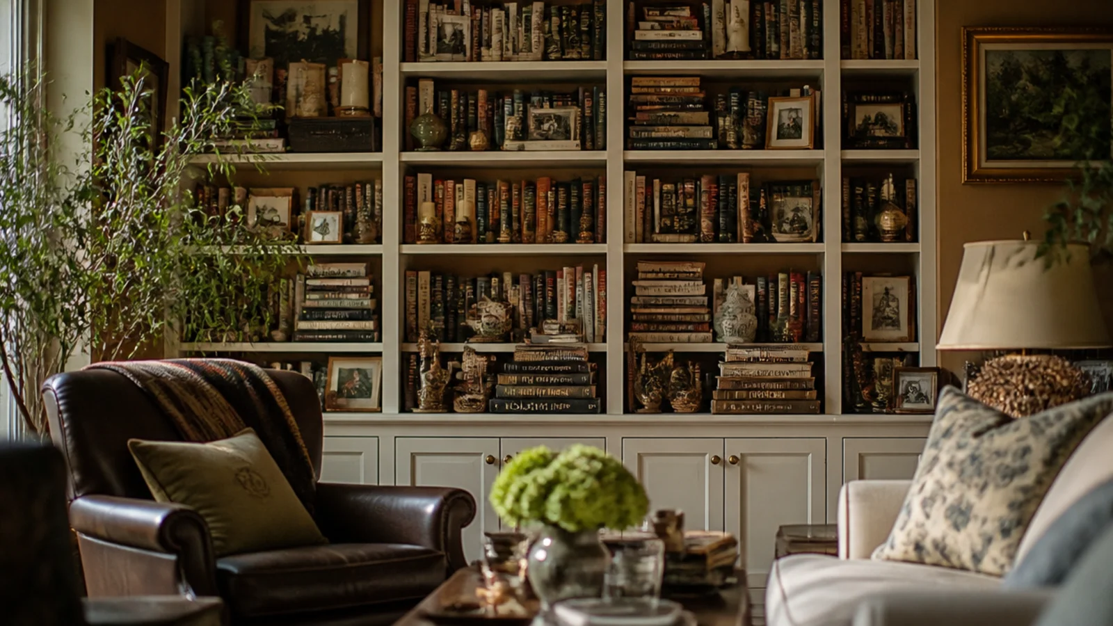 newly built shelves crammed edge to edge with books and small objects