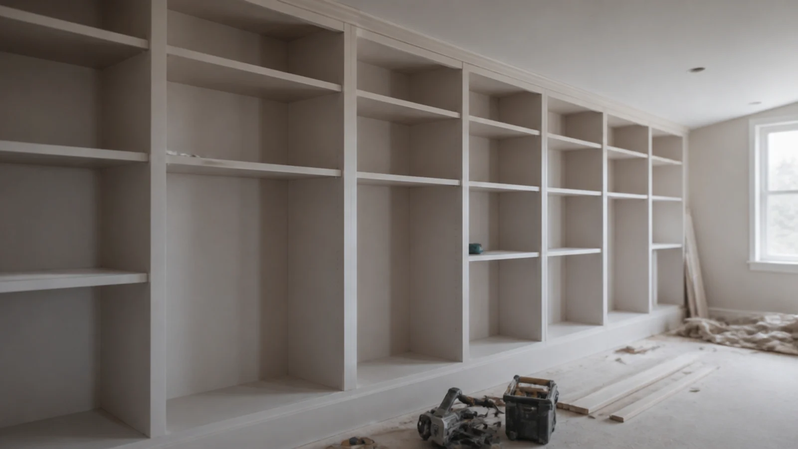 half finished built-in shelf wall left primed and doorless for months