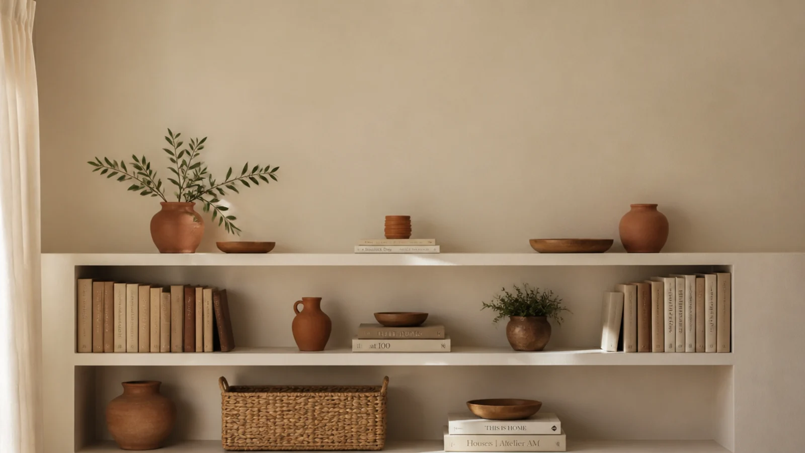 vertical image of corrected living room built-in shelves after fixing mistakes