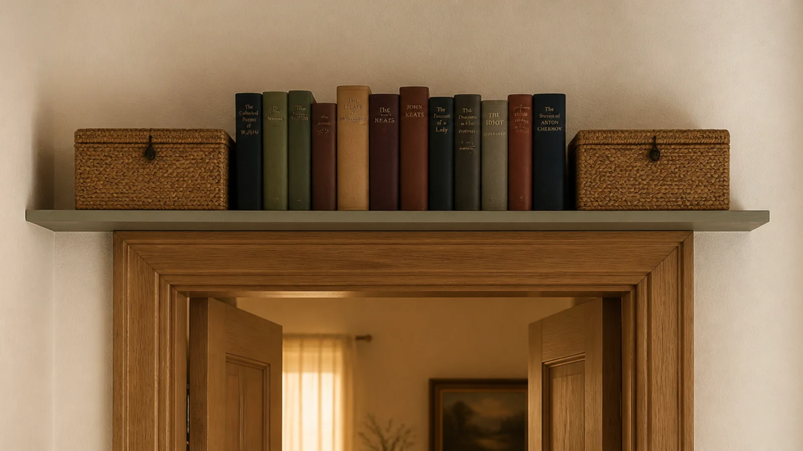 Built in shelf bridge spanning a doorway in a small living room