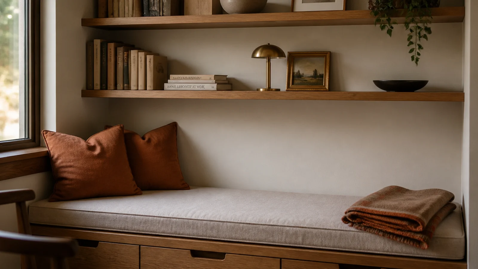 Built in banquette seat with shelves above in a compact living room