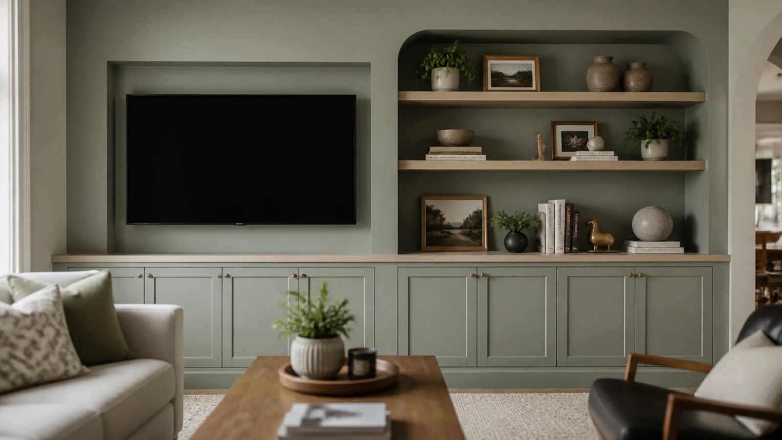 television set into one fireplace alcove with shelves in the other