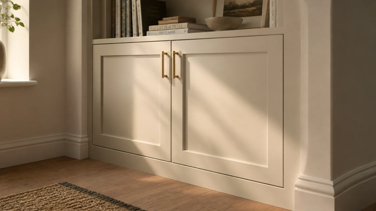 cabinet doors closing the lower third of shelving beside a fireplace