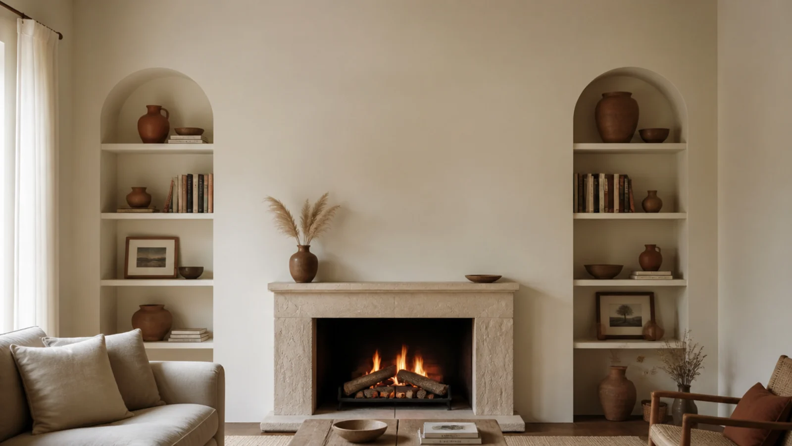 vertical view of budget built ins around a fireplace in a small room