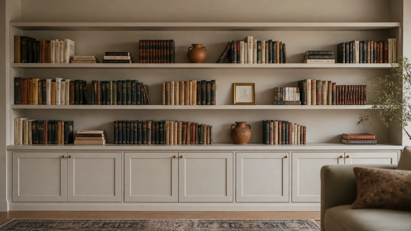 built-in run with closed lower cabinets and open shelving above in a living room