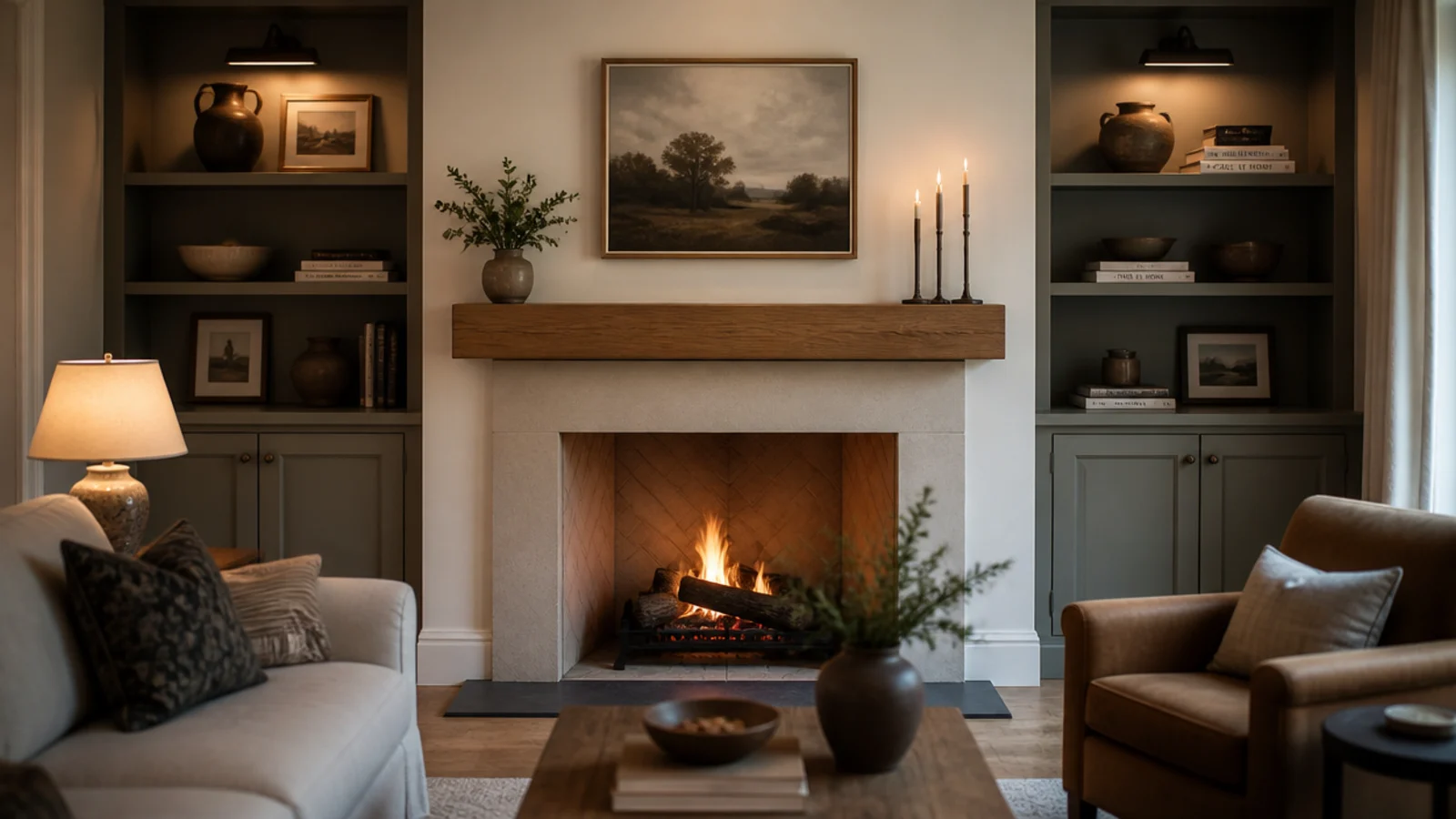 twin cabinet towers flanking a fireplace with open shelves in living room built-ins