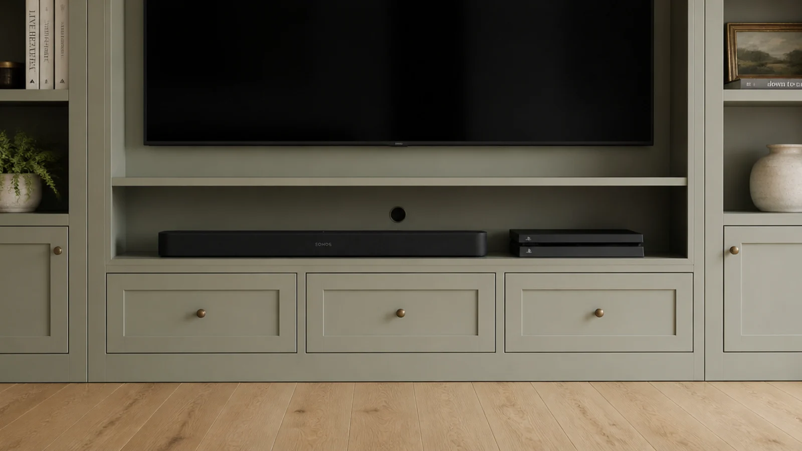 low media cabinet base within living room built-ins holding a soundbar