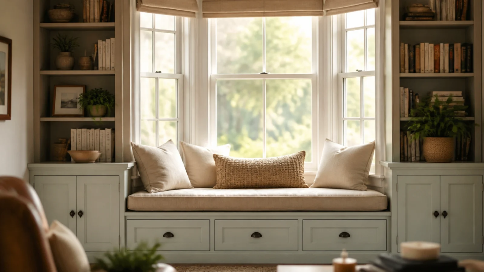 cushioned window seat linking two cabinet bases in living room built-ins