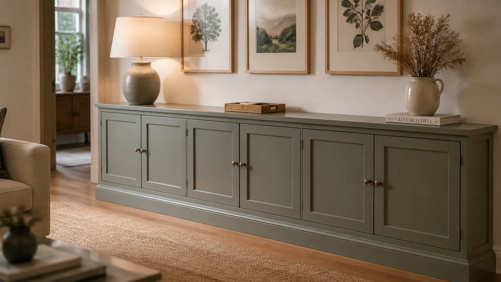 waist high built-in cabinets running under art in a living room