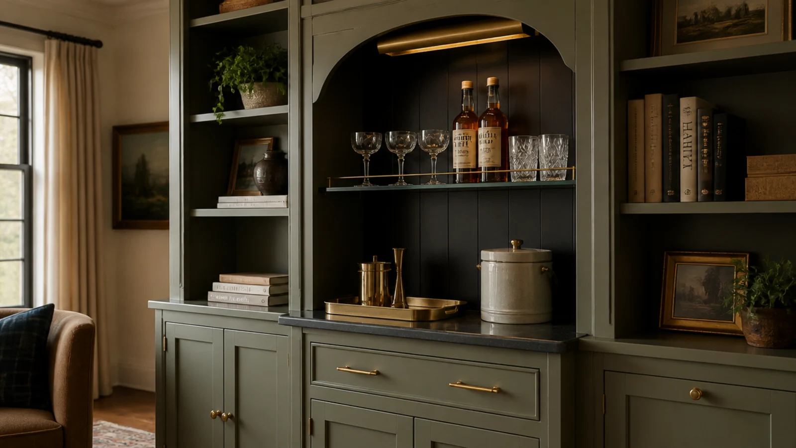 small dry bar bay set into living room built-ins with glassware above