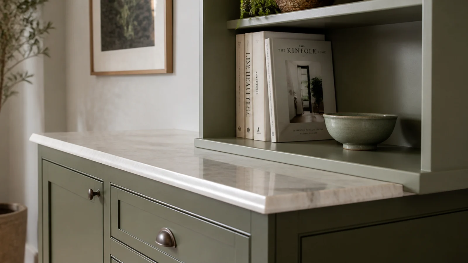 built-ins showing deeper base cabinets stepping back to shallow upper shelves