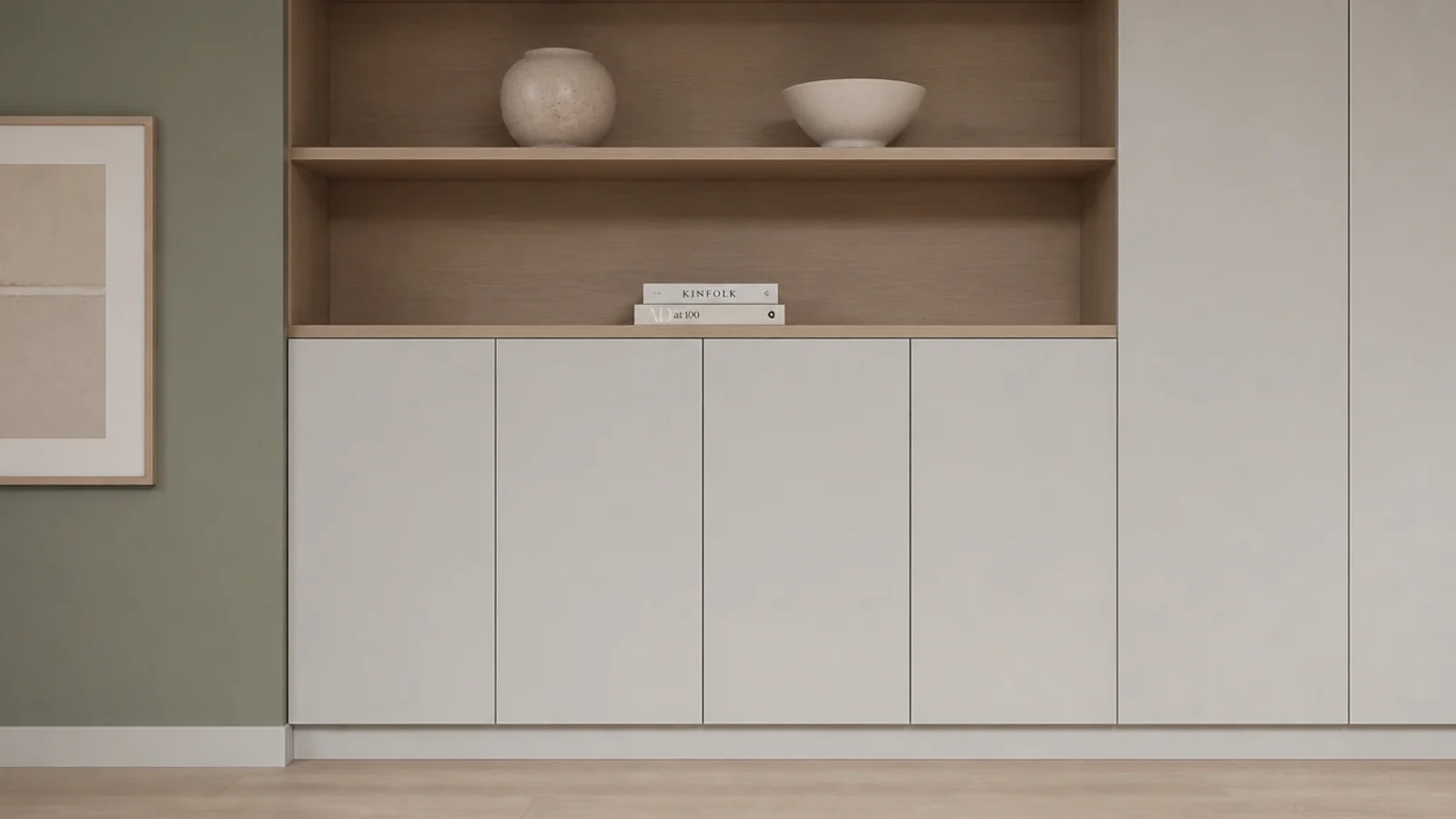 flat slab cabinet doors on modern living room built-ins with open shelves