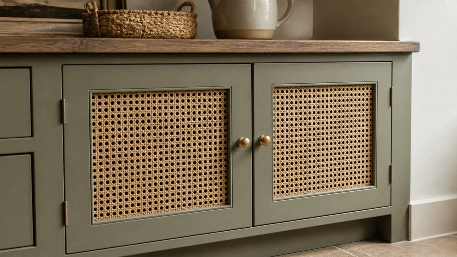 cane webbing panels set into cabinet doors on living room built-ins