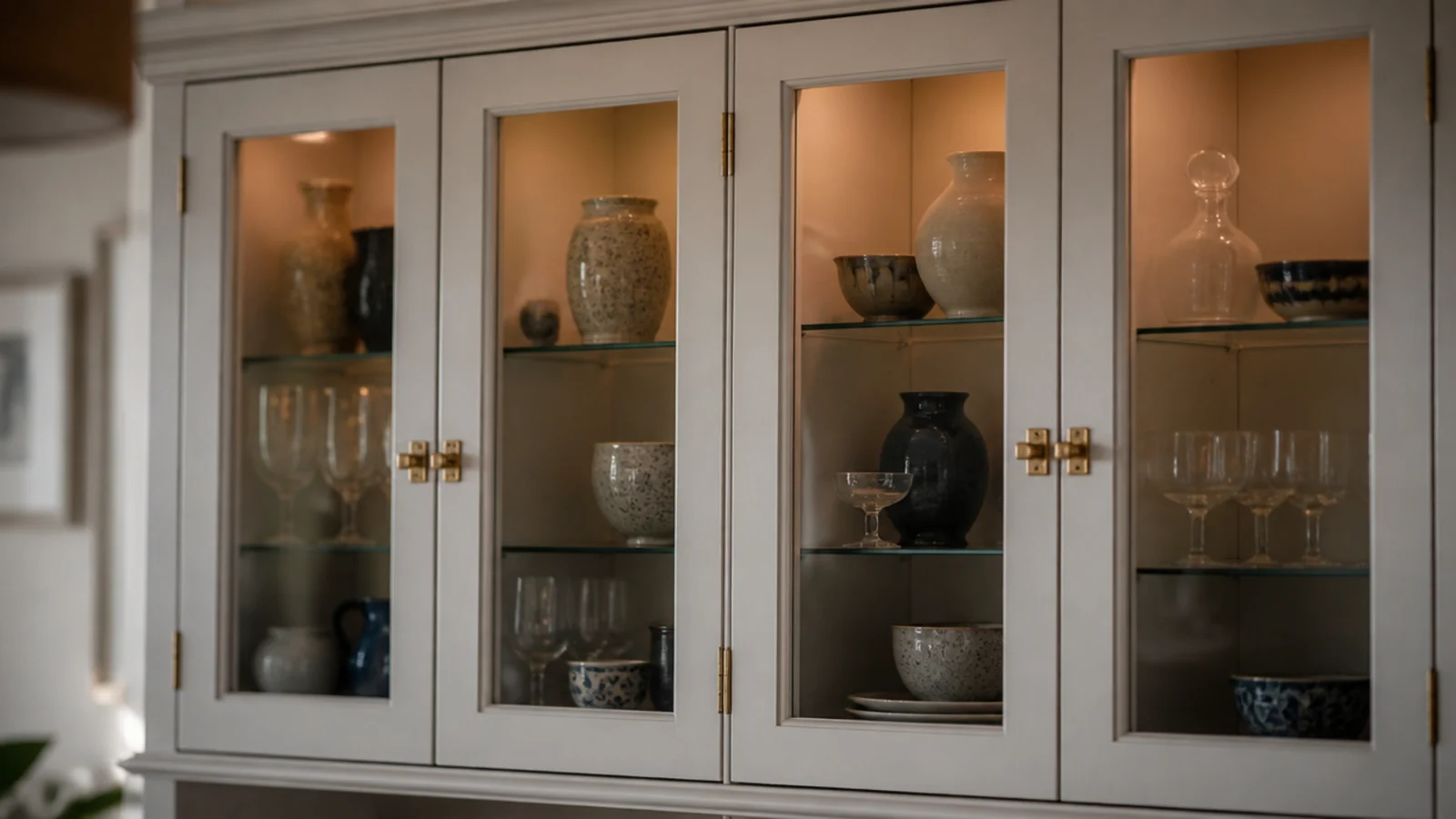 glass fronted upper cabinets in living room built-ins holding ceramics