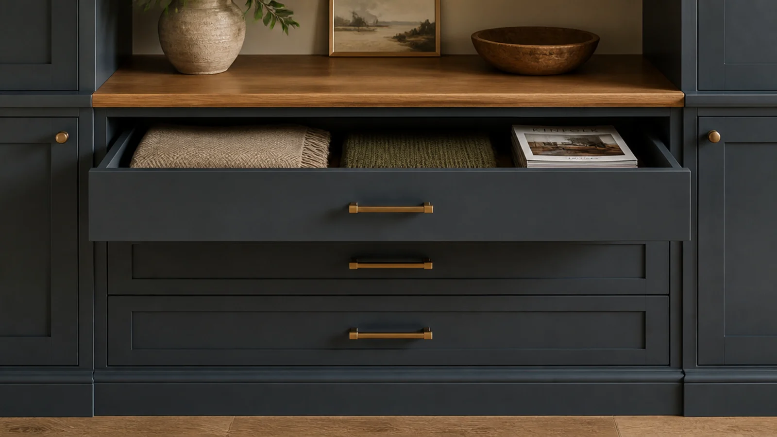 bank of deep drawers built into the base of living room shelving