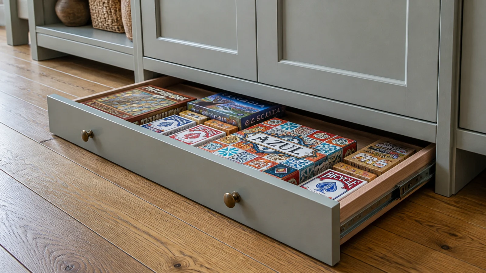 shallow toe kick drawer pulled open at the base of a living room built-in