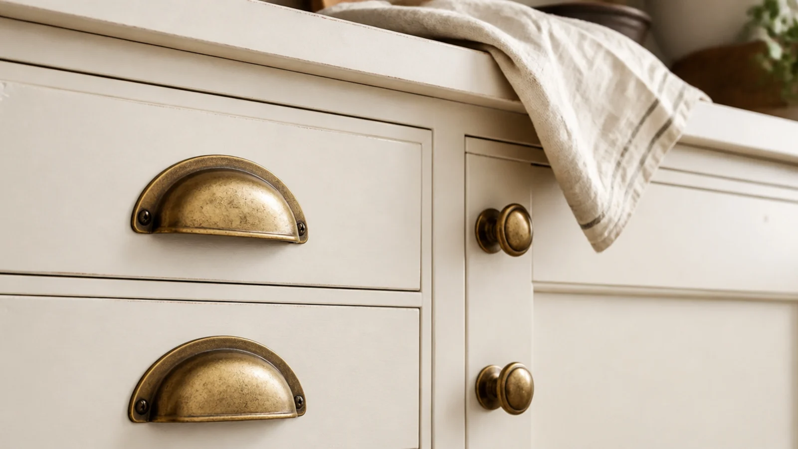 aged brass cup pulls fitted to painted living room built-in cabinet doors
