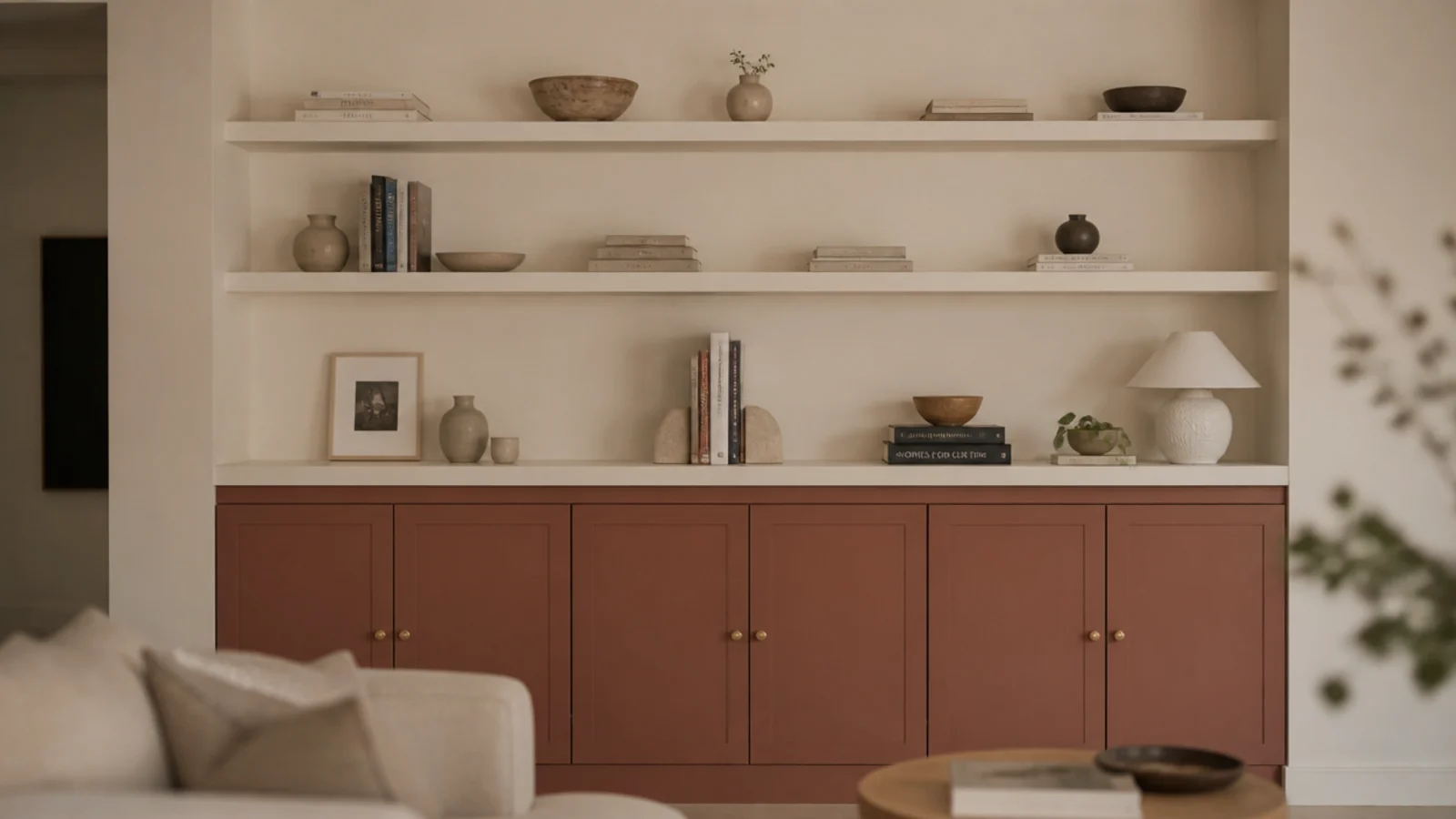 two tone living room built-ins with a deep base and pale open shelving