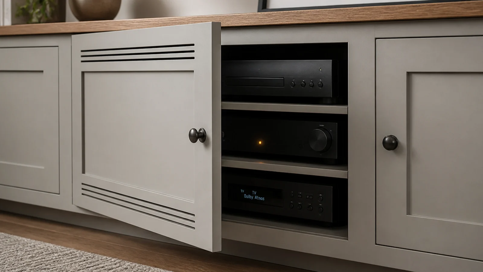 slotted vented cabinet door concealing media equipment in living room built-ins