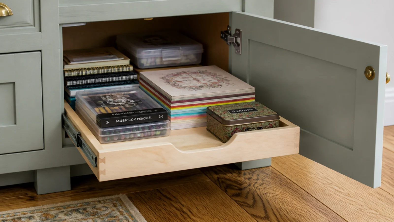 sliding tray pulled out from behind a cabinet door in living room built-ins